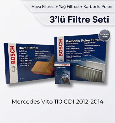 Mercedes Vito 110 CDI 2012-2014 Filtre Seti (3’lü / 3 Parça) Karbonlu Polen + Hava + Yağ Filtresi (Yakıt Yok)