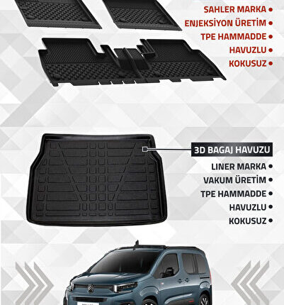 Citroen Berlingo 2019+ Uyumlu 4.5D Premium Havuzlu Oto Paspas Ve Liner Marka 3D Bagaj Havuzu