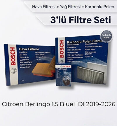 Citroen Berlingo 1.5 BlueHDI 2019-2026 Filtre Seti (3’lü / 3 Parça) Karbonlu Polen + Hava + Yağ Filtresi (Yakıt Yok)