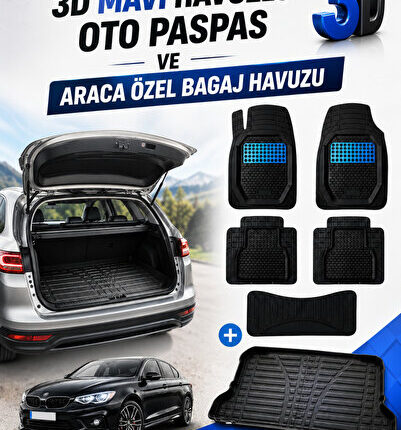CİTROEN BERLİNGO 90 HP 2013 MODEL UYUMLU SİYAH- MAVİ RENK+ARACA ÖZEL BAGAJ HAVUZU OTO PASPAS SETİ