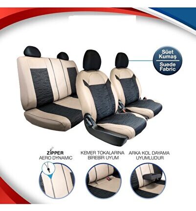 Opel Combo Life 2+1 Deri Detaylı Oto Koltuk Kılıfı Ön Arka Set Bej Siyah SCR