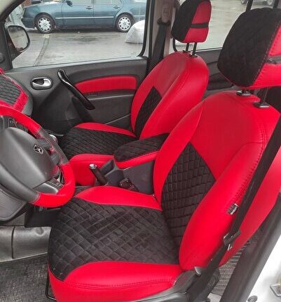 Renault Kangoo Siyah Tay Tüyü Kapitoneli - Kırmızı Deri