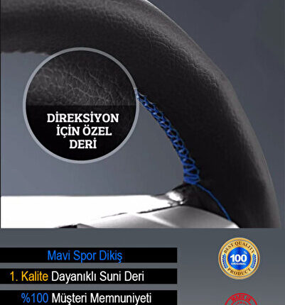 Peugeot Rifter ÖZEL süper deri Direksiyon Kılıfı, Dikmeli Mavi Spor Dikişli