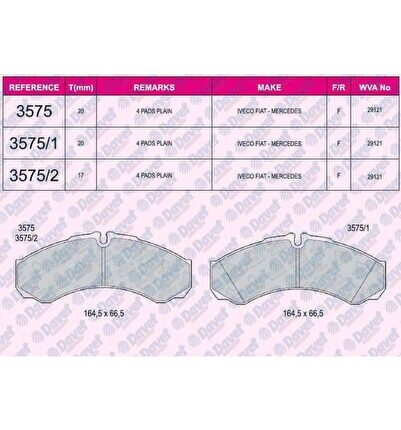 FREN BALATASI ON/ARKA FISSIZ WVA 29121 20.00MM IVECO DAILY 30 2.4D 2.5D 97 DAI