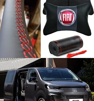 Fiat Scudo Direksiyon Kılıfı Dikmeli Kırmızı Dikiş Düz Siyah %100 İthal Deri & 2'Li Boyun Yastığı