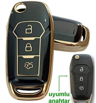 Ford Fiesta Ecosport Fusion Courier Focus 4 Uyumlu Kumanda Anahtar Kılıfı Oto Anahtarlık Siyah Gold
