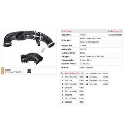 HAVA FİLTRE HORTUMUPLASTİK BORU HARİÇ FORD TOURNEO CUSTOM V362 MİNİBÜS/OTOBÜS (F3)FORD TRANSIT V363