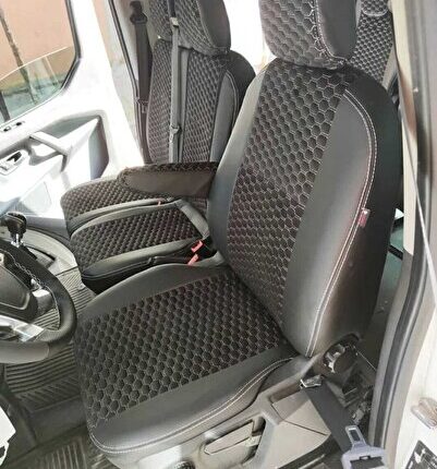 Ford Custom 5+1 Uyumlu Siyah Zemin Beyaz Nakışlı Taytüyü Siyah Deri Karışımı